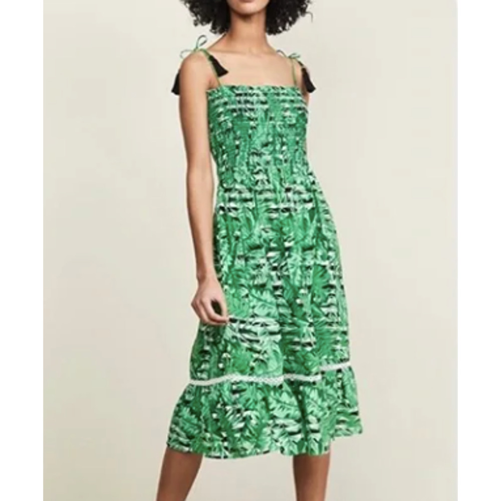 Kos Resort Women's Green Floral Leaf Smocked Sleeveless Midi Dress Size XS